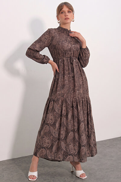 Modamorfo Women's Patterned Long Modest Dress 2586 - Brown