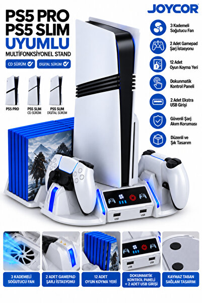 JOYCOR PS5 Slim PS5 Pro Uyumlu Premium Soğutucu Fan Stand 3 Kademeli Dokunmat...