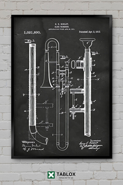 TABLOX Slika patentnog crteža trombona, muzički instrument trombon, vintage u...
