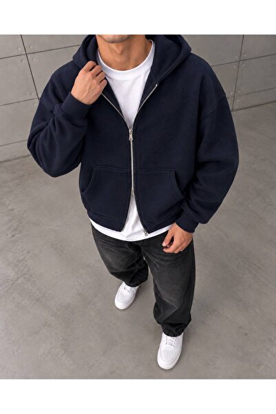 Genel Markalar Erkek Oversize Fermuarlı Kapüşonlu Sweatshirt - Çift Yönlü Fer...