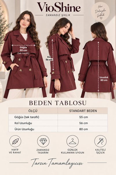 VıoShıne Women's Double-Breasted Collar Belted Pocketed Lined Short Trench Coat