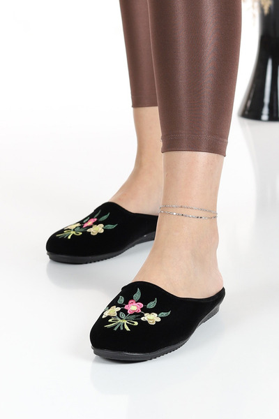 Seçkin Women's House Slippers with Floral Embroidery, Winter Indoor Soft Comfortable Slippers, Dowry Guest Slippers