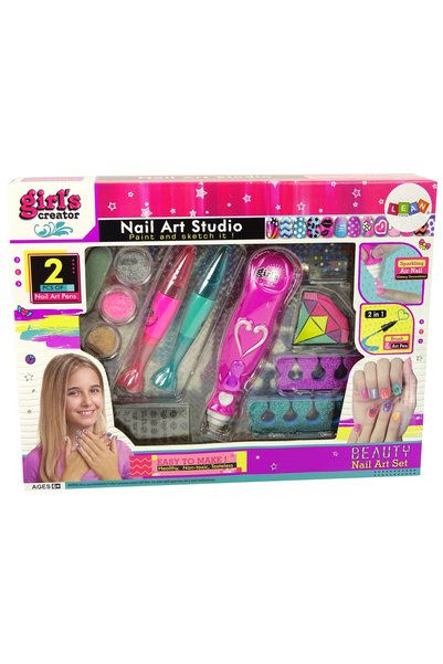 LEAN Set manichiura copii cu dispenser pentru sclipici, 2 stilouri pentru decorare, cristale, stickere si pila, 5 ani+