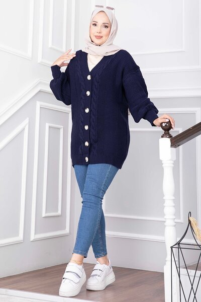 EBRUTESETTÜR Hair Braid Detailed Buttoned Knitwear Cardigan Navy Blue