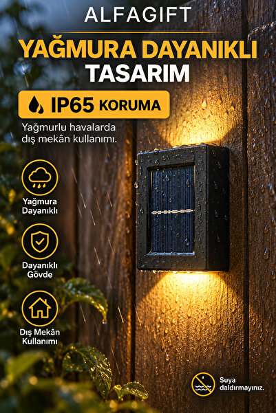 ALFAGİFT 2 Adet Solar Güneş Enerjili LED Duvar Apliği Çift Yönlü Sıcak Sarı Işık Balkon Bahçe Aydınlatma Lambası