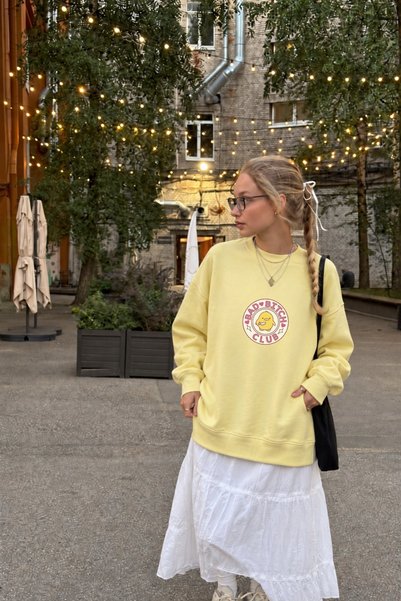 The Champ Clothing Women's Oversize Sweatshirt Dress Bad Club Printed Yellow – Crew Neck, 3 Thread Raster Fleece