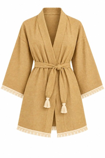 Mandaş Kimono Muslin 2-Layer Peshtemal Bathrobe (Size S-M) - Yellow