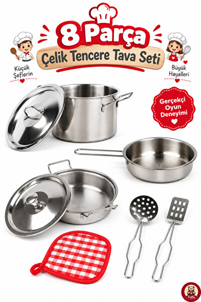 giffy Oyuncak 8 Parça Çelik Oyuncak Tencere Tava Seti Metal Mutfak Oyuncaklar...