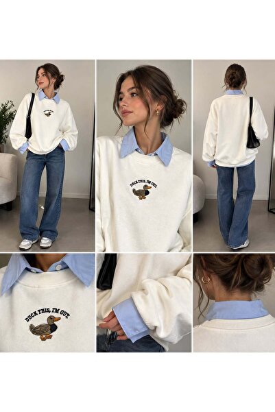 sira butik Ekru Ördek Nakışlı Bisiklet Yaka Oversize Sweatshirt