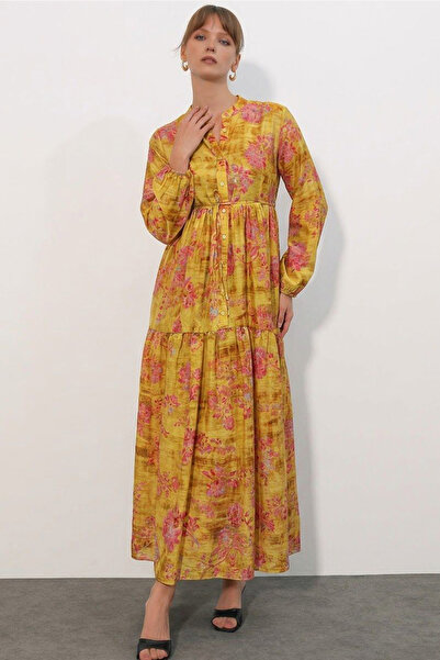Modamorfo Women's Patterned Long Hijab Dress 2586 - Yellow