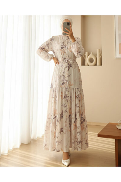 Modamorfo Women's Patterned Long Modest Dress 2586 - Cream