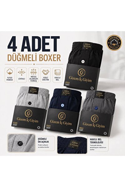 Gizem iç giyim 4'LÜ HAVLU BEL DÜĞMELİ %100 PAMUK BOXER AVRUPA KALIP