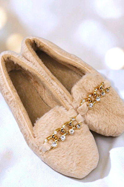 HFKY Women's Gold Chain Detailed Plush Indoor Ballerinas. Home Shoes