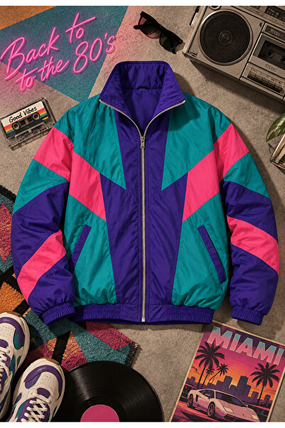 Gameyal Unisex 80’ler Retro Renk Bloklu Ceket Fermuarlı Çift Cepli Oversize M...