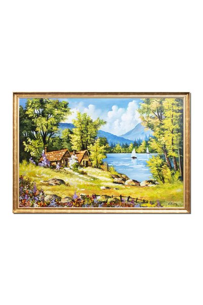 artnova Гигантска рамкирана картина на планински пейзаж с къщички и многоцвет...