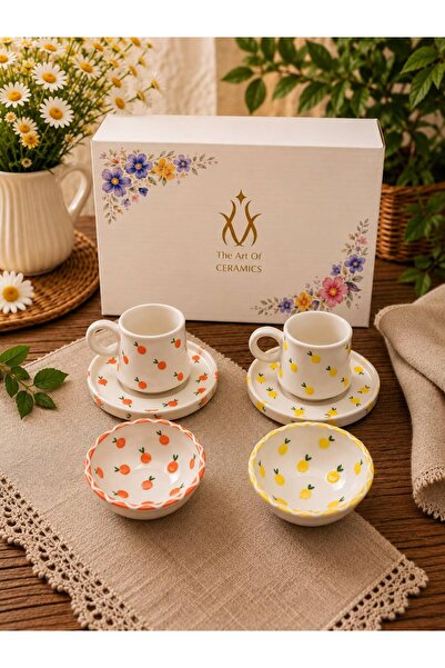 Ceramic El yapımı portakal limon desenli 2'li Kahve Fincanı Hediye Seti
