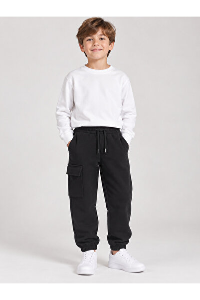 WE&ME Boys' Black Cargo Pocket Jogger Sweatpants with Elastic Cuffs Casual Tr...