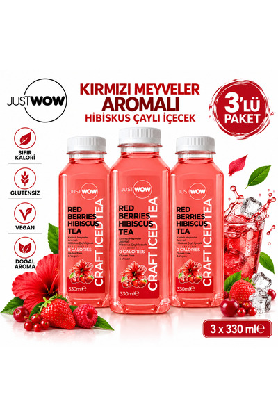 JUST WOW Red Berries Kırmızı Meyveler Aromalı Hibiskus Çaylı İçecek 330 ml x 3 Adet