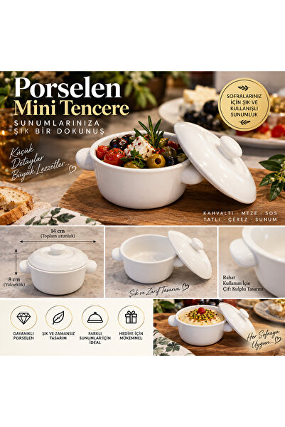 Atak Hediyelik Porselen Kapaklı Mini Tencere Sunumluk Çift Kulplu 14 cm