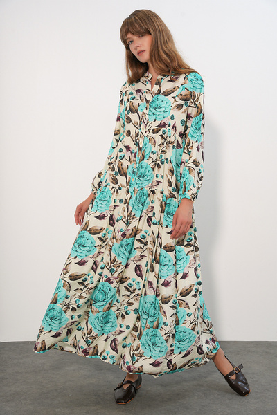 Modamorfo Women's Lilyum Fabric Long Hijab Dress 2593 - Turquoise