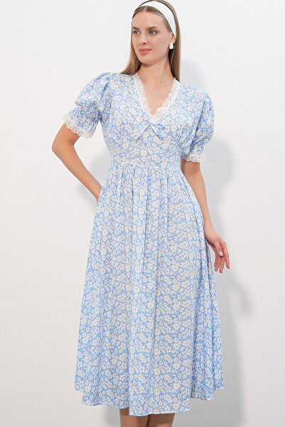 Modamorfo Women's Lace Collar Patterned Dress 2626 - Blue