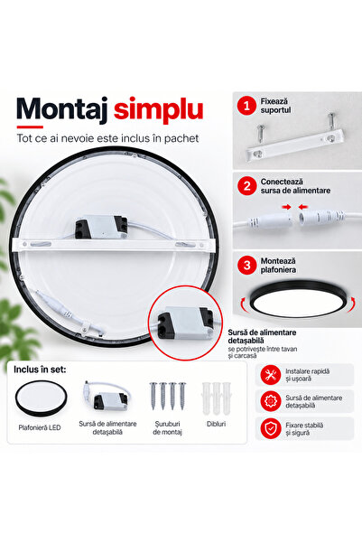 TnsAround Plafonieră LED 24W, 2200 lm, 6500K, 29 cm, Lumină Alb Rece, Fără Pâlpâire, Corp din Aluminiu, Negru