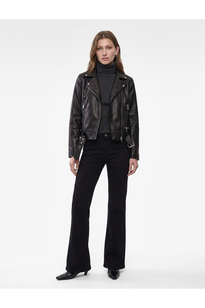Koton Uzun Kollu Fermuarlı Suni Deri Crop Biker Ceket