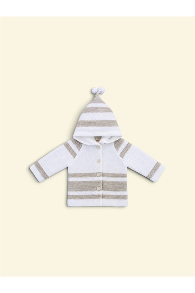 Appamio Unisex Çizgili Kapüşonlu Triko Bebek Hırkası - Beyaz & Kahverengi