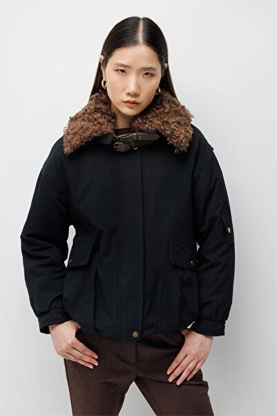 Ekol Women's Plush Collared Belted Coat Black