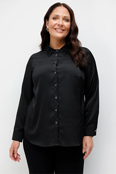 Ekol Women's Beaded Collar Shirt Black