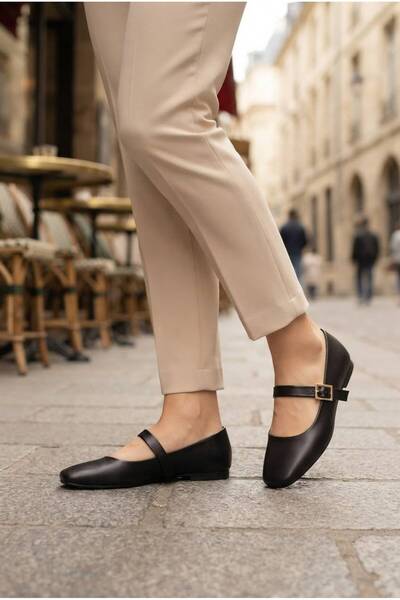 İncilaPearla Larin Women's Black Buckle Mary Jane Ballerina Pointed Toe Casua...
