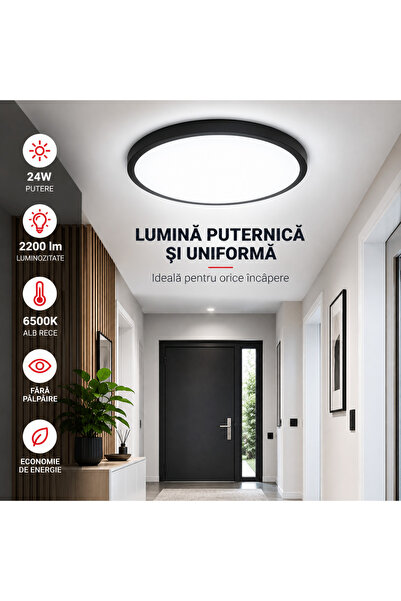 TnsAround Plafonieră LED 24W, 2200 lm, 6500K, 29 cm, Lumină Alb Rece, Fără Pâlpâire, Corp din Aluminiu, Negru