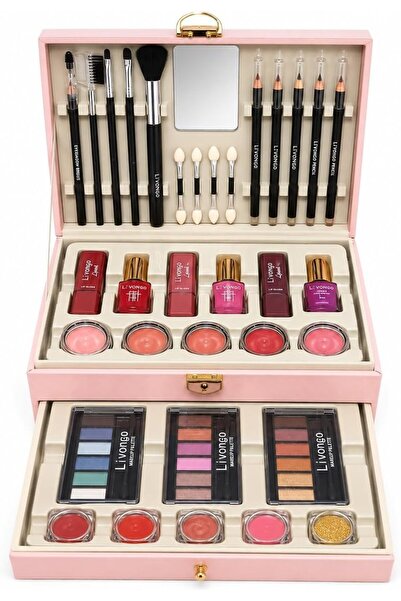 Tomy Freedom Make Up Kit, Essential Beauty, Pink Case Eyeshadow Palettes, Brushes & Pencils, Lip Gloss Included, Built-in Mirror, 2-Tier Drawer Case
