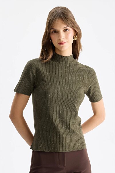 on Women's Stand Collar Glittery Knit Sweater Khaki