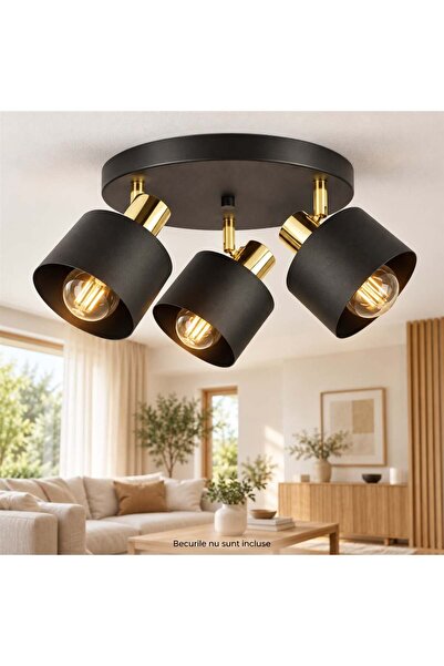 TnsAround Plafonieră cu 3 spoturi reglabile E27, metalică, negru cu auriu, 36 x 36 x 16 cm
