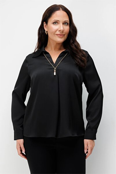 Ekol Women's Polo Neck Blouse with Pearl Necklace Black