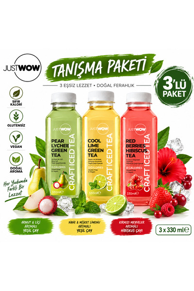 JUST WOW Craft Iced Tea Tanışma Paketi 3 Farklı Çeşit 3 Farklı Tat 330 ml x 3 Adet