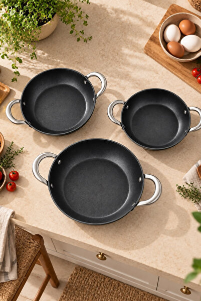 Seral Nest 3'lü Döküm Sahan Seti 18-20-22 cm Kulplu Granit Tava Takımı