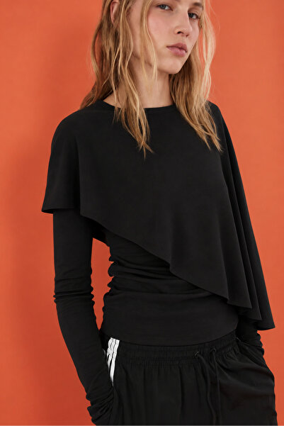 World Fashion Trends ΝΕΑ ΣΕΖΟΝ Μαύρη Μπλούζα Διπλής Στρώσης με Ασύμμετρο Μακρ...
