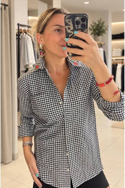 LinichandCo Women's Black and White Gingham Shirt with Rose Embroidery on the Collar and Back Print Detail