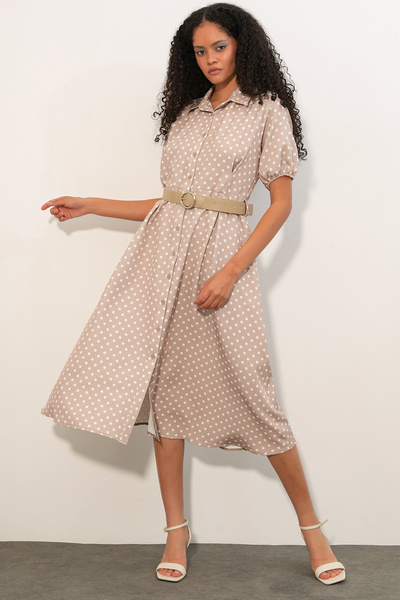 Modamorfo Women's Short Sleeve Belted Polka Dot Dress 2608 - Beige