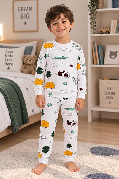 Erkek Çocuk Pamuklu Beyaz Safari Aslan Fil Desenli Uzun Kollu Mevsimlik Pijama Takımı