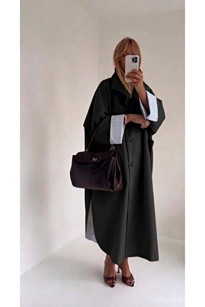 Olbia Women's Black Oversize Lined Belted Design Trench Coat