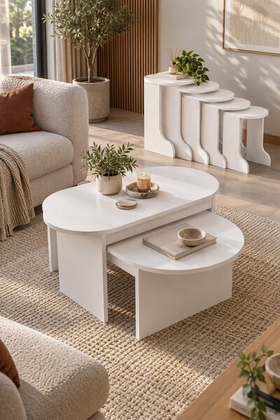 SuloraHome Orta ve Zigon Sehpa Seti Beyaz 5'li Set