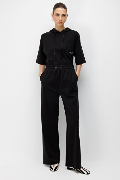 on Women's Lace-Up Waist Wide-Leg Sweatpants Black