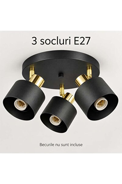 TnsAround Plafonieră cu 3 spoturi reglabile E27, metalică, negru cu auriu, 36 x 36 x 16 cm
