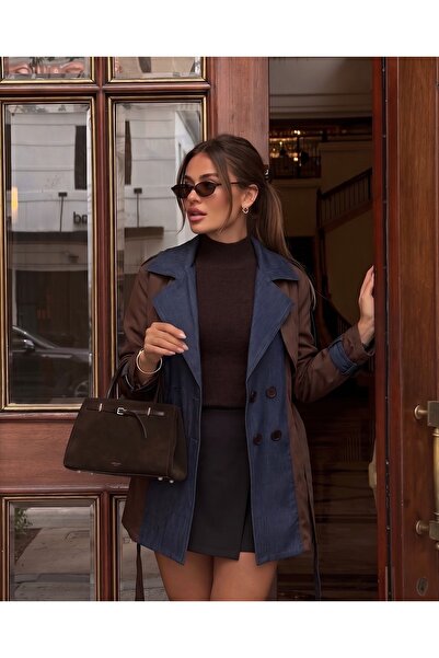 1Moda1Tarz İthal Kaşe&Denim Kumaş Kuşaklı Kol Kemer Detay Astarlı Tasarım Tre...