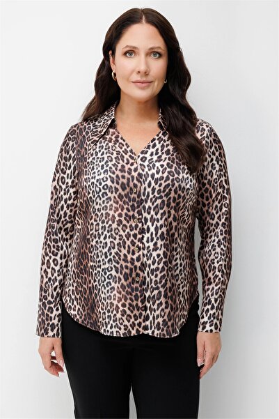 Ekol Women's Patterned Polo Collar Shirt Leopard