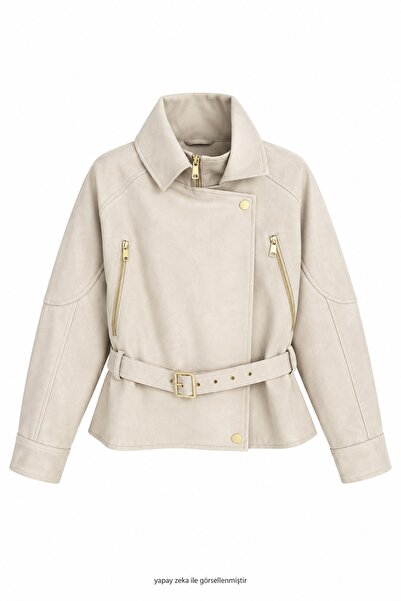 elifteke Rider Belted Leather Jacket Beige