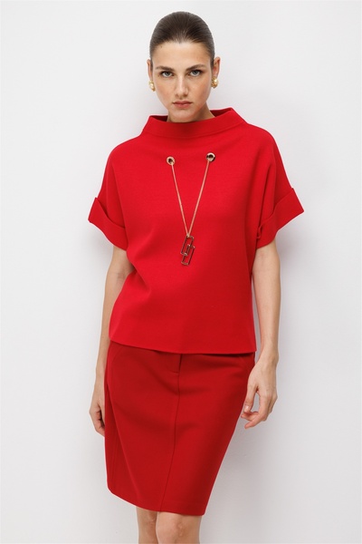 on Women's Accessory Detailed Short Sleeve Knitwear Sweater Red